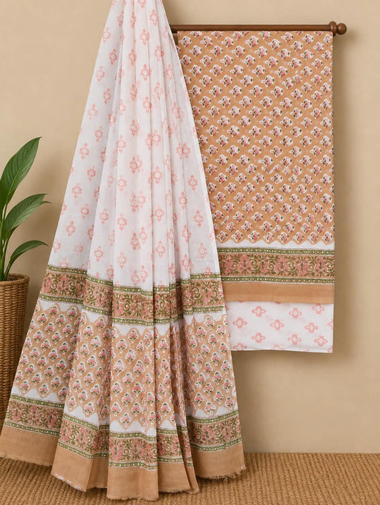 Hand Block Printed Cotton Suit Set With Mulmul Dupatta 2