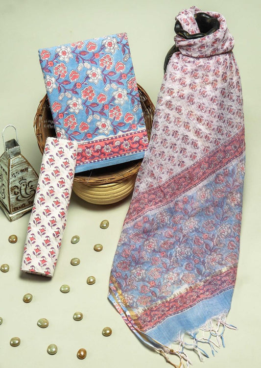 Hand Block Print Organic  Cotton Suit With Kota Doria Dupatta