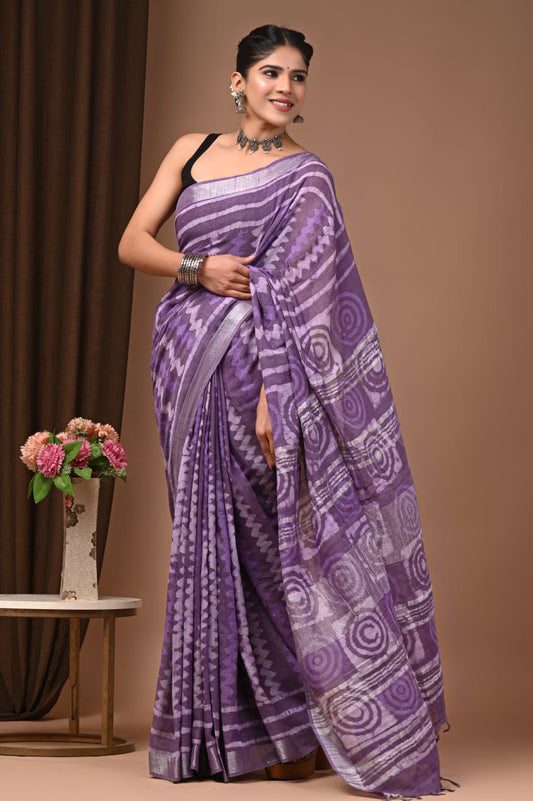 Exclusive Hand Printed Linen Saree