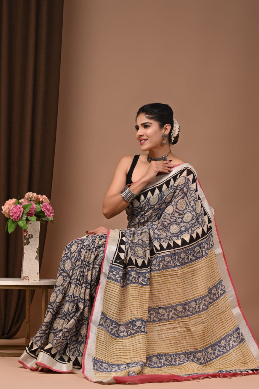Artisan Hand Printed Linen Saree