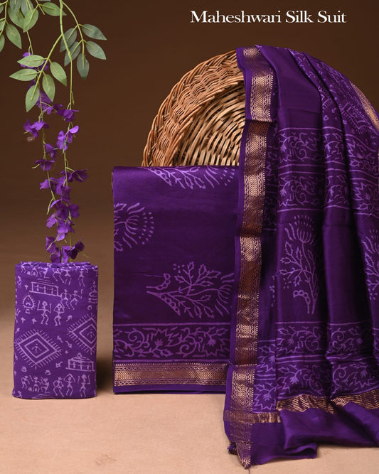 Hand Block Print Maheshwari Silk Geecha Border Suit