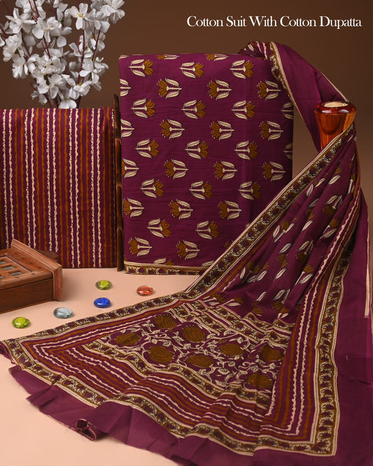 Premium Hand Block Printed Cotton Suit With Mulmul Dupatta 75