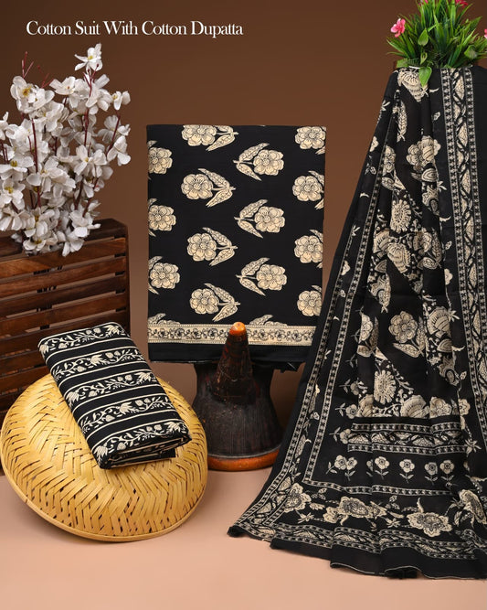 Sanganeri Print Orange Cotton Suit With Mulmul Dupatta