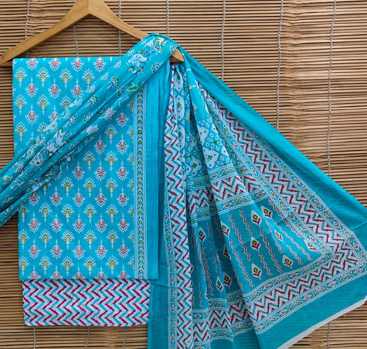 Premium Hand Block Printed Cotton Suit With Mulmul Dupatta