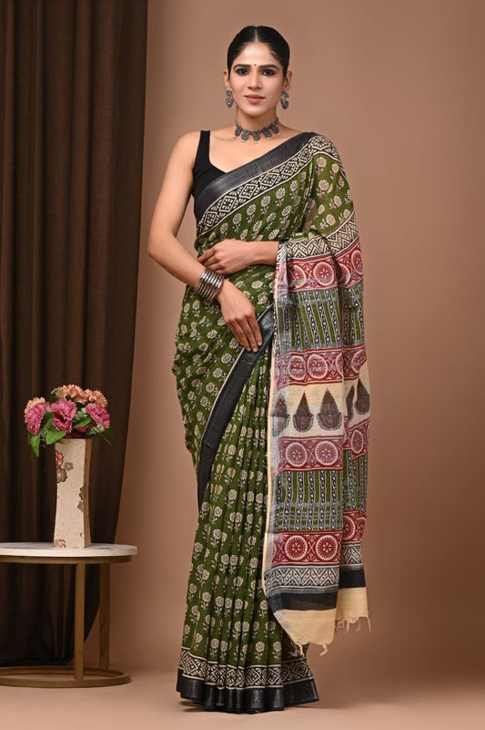 Premium Hand Block Printed Linen Saree