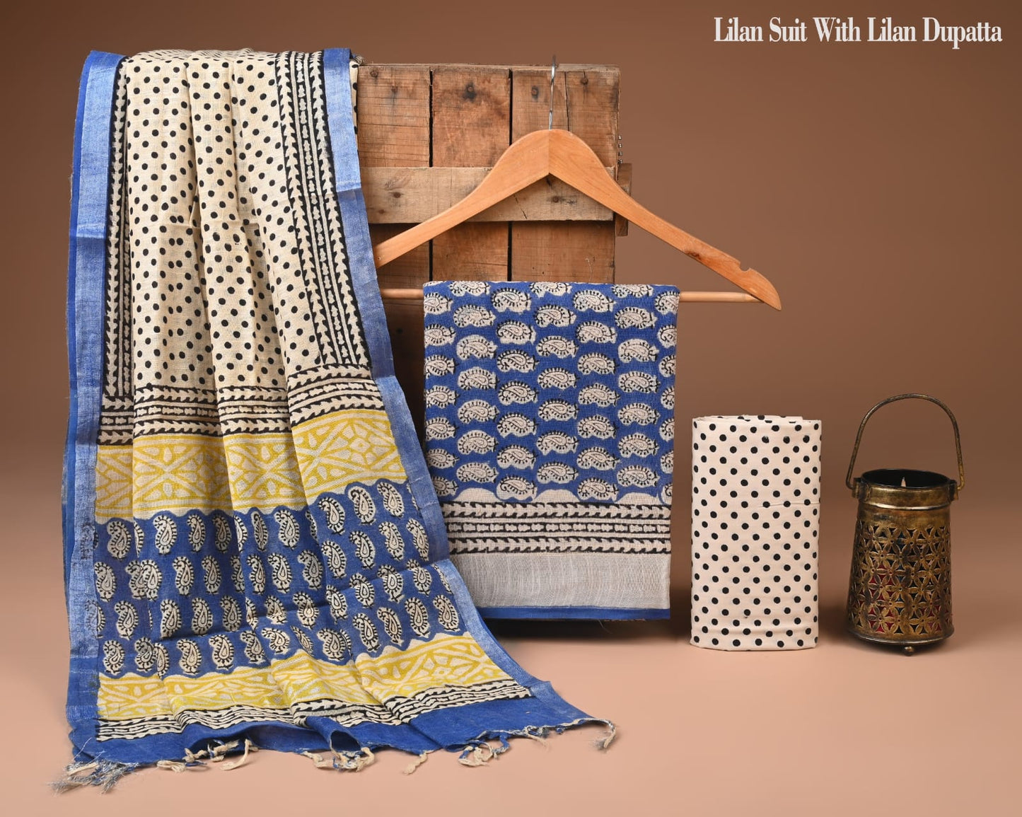 Hand Block Print Orange Lilen Suit With Lilen Dupatta