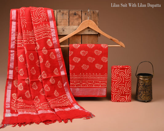 Hand Block Print Lilen Suit With Lilen Dupatta