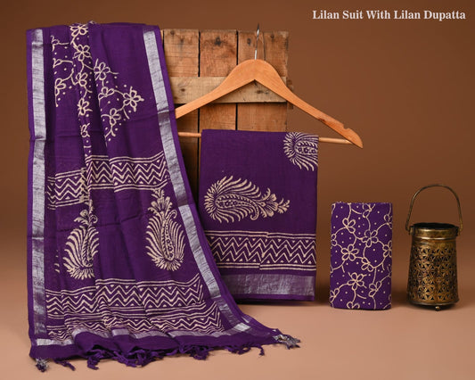 Exclusive Hand Block Print Lilen Suit With Lilen Dupatta