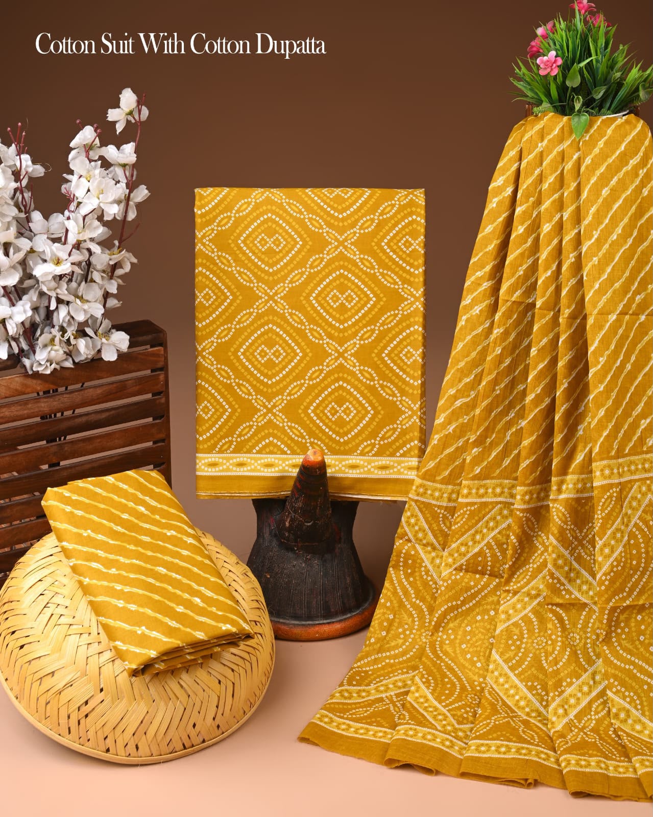 Hand Block Printed Cotton Suit Set With Mulmul Dupatta
